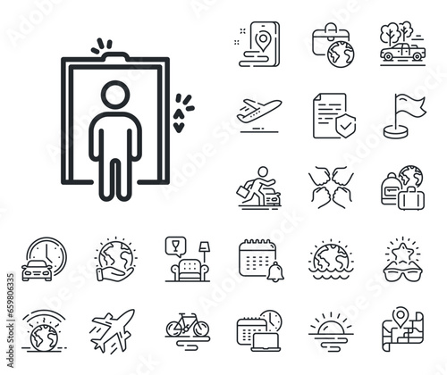 Elevator sign. Plane jet, travel map and baggage claim outline icons. Lift line icon. Transportation between floors symbol. Elevator line sign. Car rental, taxi transport icon. Place location. Vector