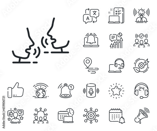 People speak sign. Place location, technology and smart speaker outline icons. Talk line icon. Voice speech symbol. Talk line sign. Influencer, brand ambassador icon. Support, online offer. Vector