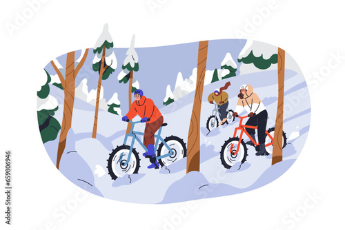 Cyclists travel in winter forest in snow. People riding mountain bikes in nature in cold weather. Friends on bicycles outdoors. Extreme sport. Flat vector illustration isolated on white background