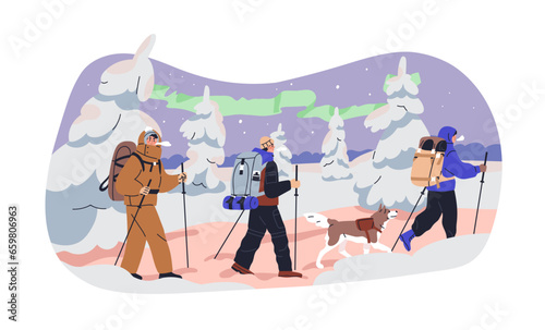 People trekking on winter holiday. Hikers and dog walking in snow, cold weather. Friends tourists hiking with poles. North adventure, travel. Flat vector illustration isolated on white background
