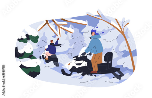 Riders on snowmobile, snow scooter on winter vacation. People riding, driving...