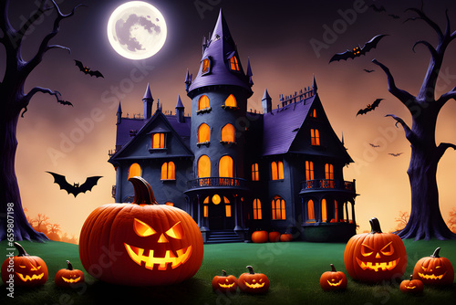 Halloween Pumpkin and a spooky mansion.Generative AI