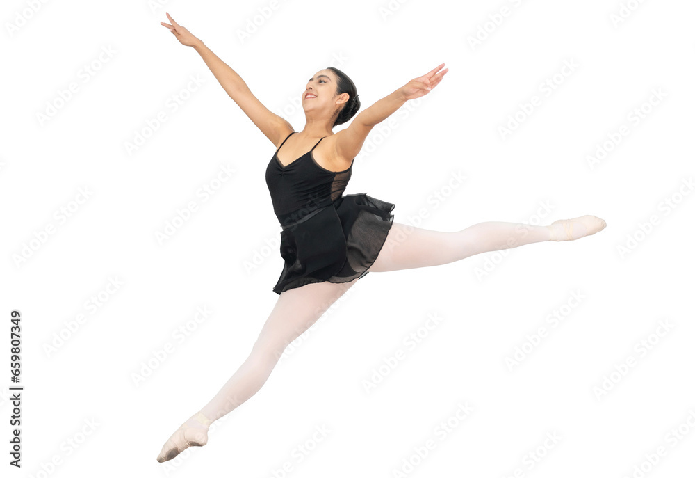hispanic smiling ballerina png isolated on white or transparent background. ballet dancer jumping in the air