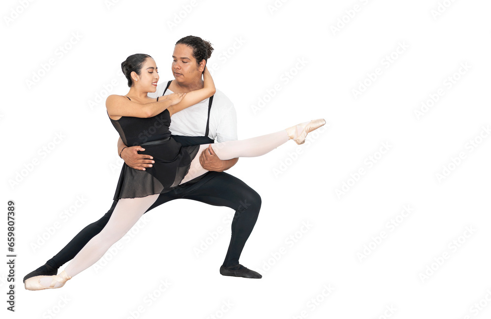 hispanic ballerina performing classical ballet with a smiling african american male dancer png isolated on a white or transparent background, ballet dancer couple practicing hispanic ballerina performing classical ballet with a smiling african american male dancer png isolated on a white or transparent background, ballet dancer couple practicing