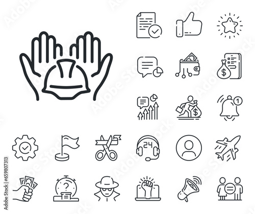 Care ocnstruction workers sign. Salaryman, gender equality and alert bell outline icons. Builders union line icon. Engineer or architect helmet symbol. Builders union line sign. Vector