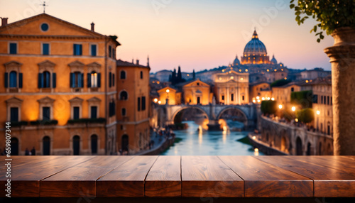 The empty wooden table top with blur background of Rome. AI generative