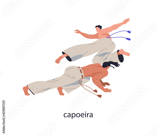 Capoeira, dance fighting. African-Brazilian martial art. Fighters game to music. Two athletes battle, combat in motion, action, movement. Flat vector illustration isolated on white background