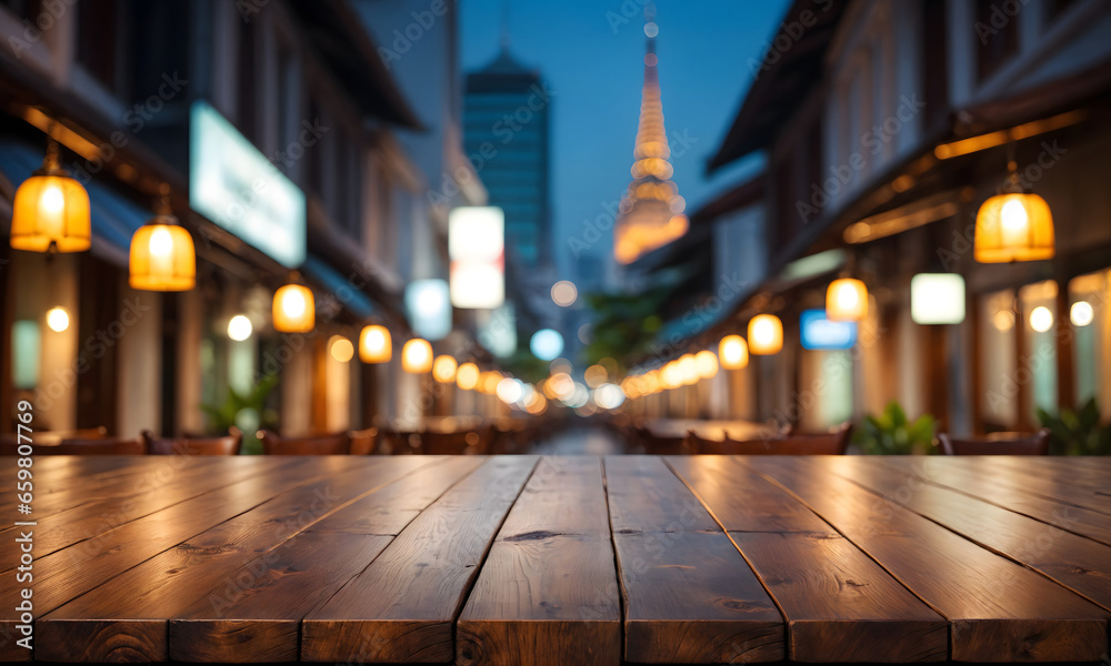 The empty wooden table top with blur background of Bangkok. AI generative