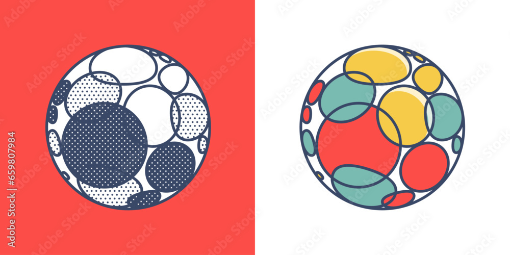 Sphere logo. Yin and yang overlapping emblem. Optical intersection sign. Retro 3D overlay icons with halftone polka dots and color shift. Vector impossible shape for vintage label, fintech startup. Sphere logo. Yin and yang overlapping emblem. Optical intersection sign. Retro 3D overlay icons with halftone polka dots and color shift. Vector impossible shape for vintage label, fintech startup.