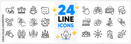 Icons set of Smile face, Love gift and Income money line icons pack for app with Networking, Medical mask, Inspect thin outline icon. Helping hand, Salary employees, Fair trade pictogram. Vector