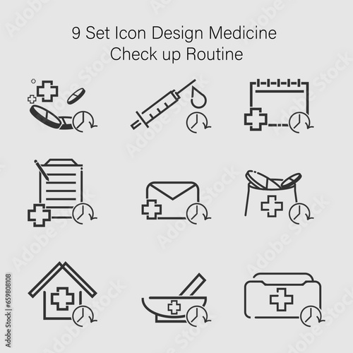9 Set of medical and healthcare check up routine icons. Vector illustration. EPS 10.