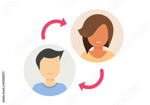 User exchange icon flat, man woman turnover swap person staff vector cartoon graphic, replace switch transfer male female leader illustration, succession change people shift arrow image clipart
