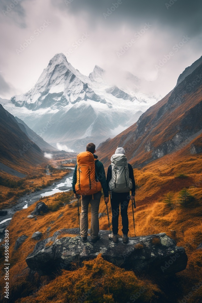 Duo overlooking vast valley with majestic icy peak ahead