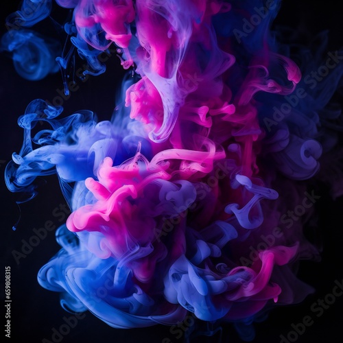 Soft chimney smoke, top down, blue, purple and pink colors, black background Generative AI