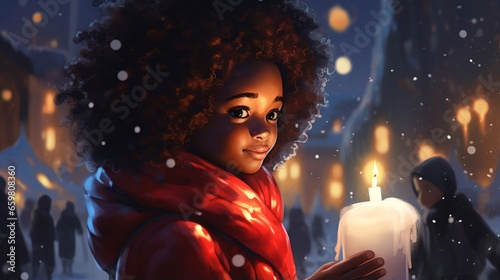 Illustration a young girl with lantern amidst snowy town festivities. Merry Christmas.