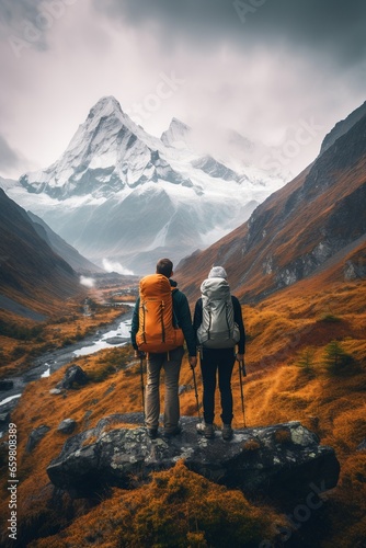 Duo overlooking vast valley with majestic icy peak ahead © miriam artgraphy