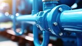 Closeup blue taps with valve for drinking water pipeline in industry