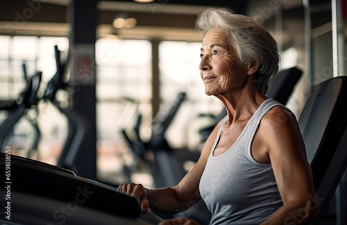 Elderly woman focused on treadmill workout in modern gym