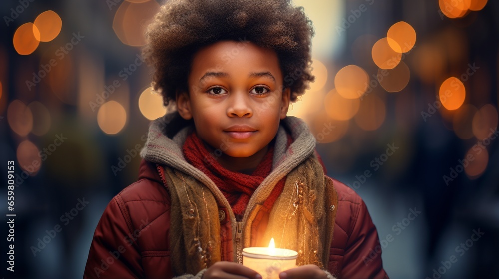 Joyful african american teenager with candle amidst snowy city lights Joyful african american teenager with candle amidst snowy city lights