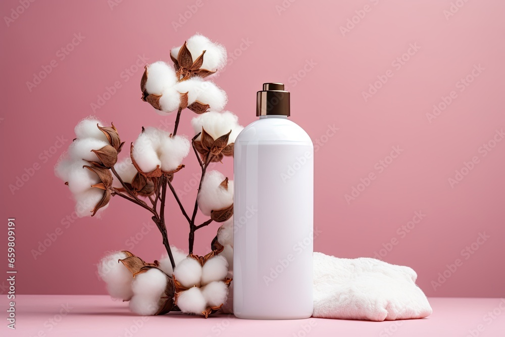 Bottle of cosmetic product and cotton flowers Bottle of cosmetic product and cotton flowers