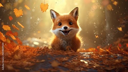 Cute fox runs with view of wild nature of flying autumn leaves