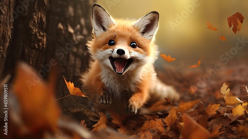 Cute fox runs with view of wild nature of flying autumn leaves