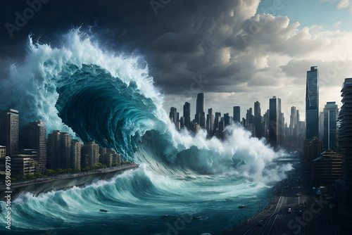 artistic art of a tsunami going to hit a city. 