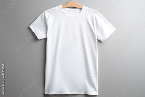 Blank White T-Shirts Mock-up hanging on grey wall, Ready to replace your design