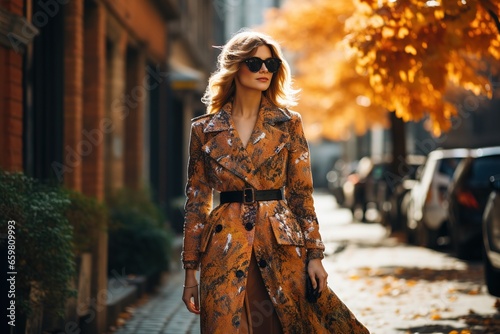 A woman wearing a textured autumn coat walking on a street lined with fallen leaves