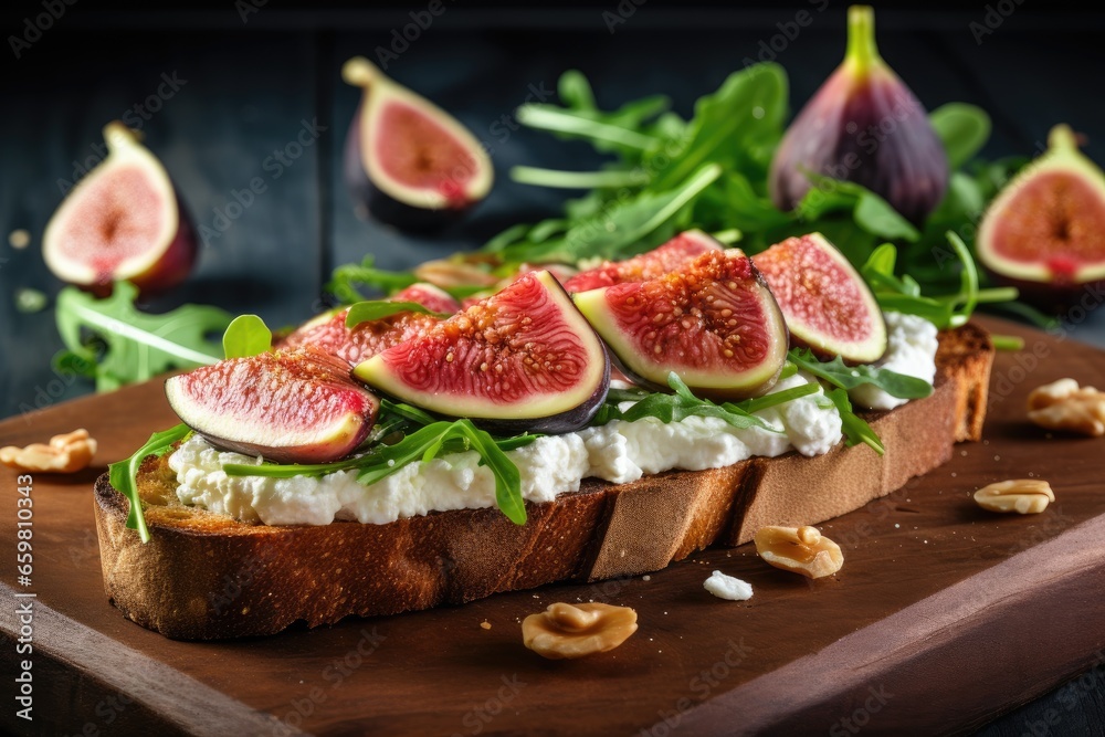 Rye bread snack toast with soft white cheese and figs. Healthy vegetarian appetizer Rye bread snack toast with soft white cheese and figs. Healthy vegetarian appetizer