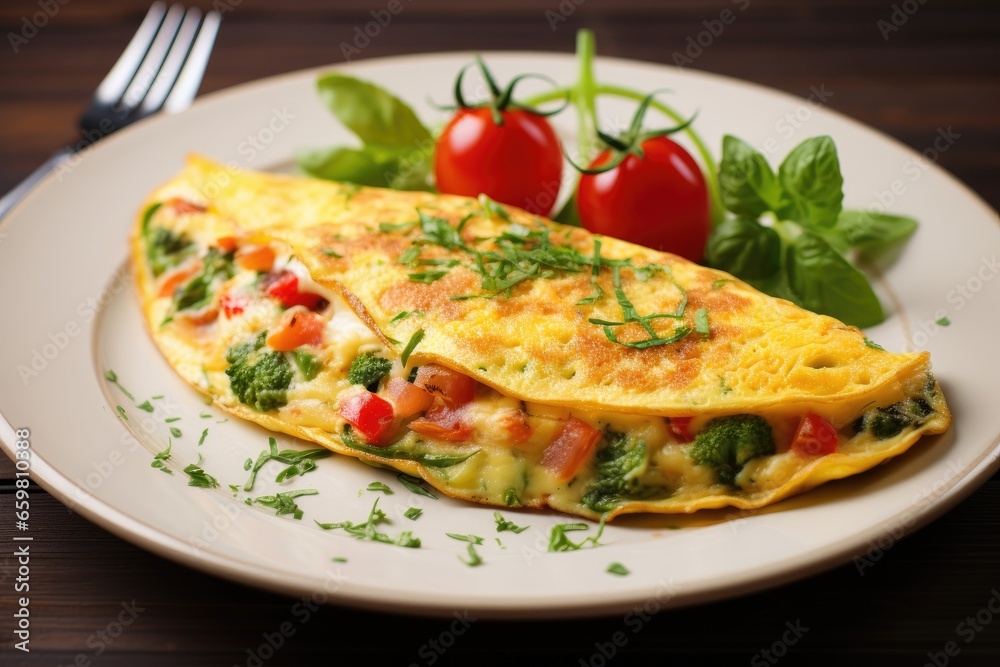 Healthy breakfast food, stuffed egg omelette with vegetable Healthy breakfast food, stuffed egg omelette with vegetable