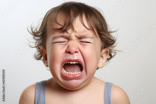 a closeup photo of a cute little baby child crying and screaming isolated on white background photo
