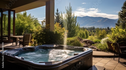 Luxury hot tub outdoor wiht mountain © kardaska