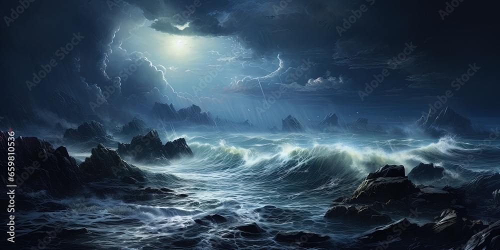A rocky coast during a thunderstorm, lightning striking the sea and illuminating the frothy waves.