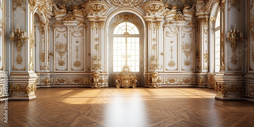 A classic extravagant European style palace room with gold decorations. wide format photo