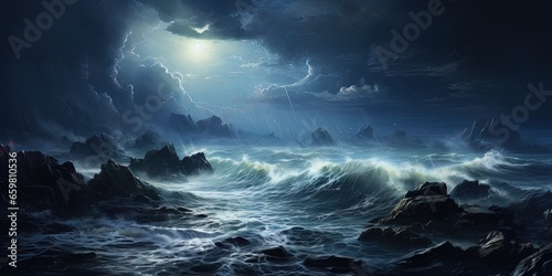 A rocky coast during a thunderstorm, lightning striking the sea and illuminating the frothy waves. © Влада Яковенко