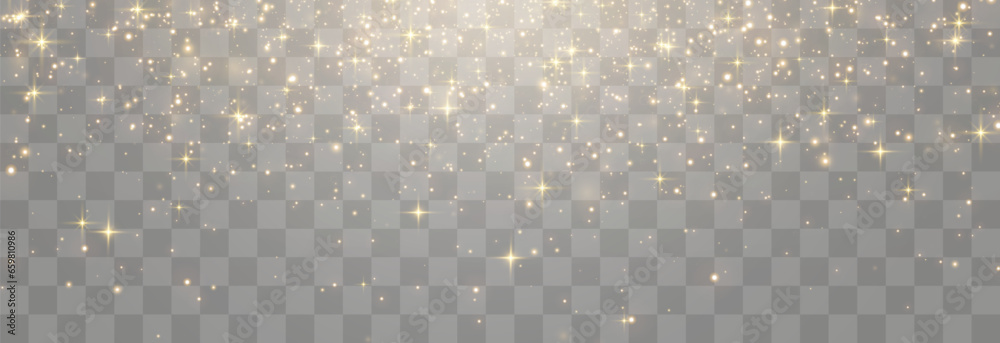 Vector magical light dust, dusty shine. Flying particles of light. Christmas light effect. Sparkling particles of fairy dust glow in transparent background. Vector illustration on png
