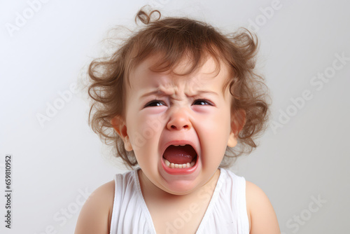 a closeup photo of a cute little baby child crying and screaming isolated on white background