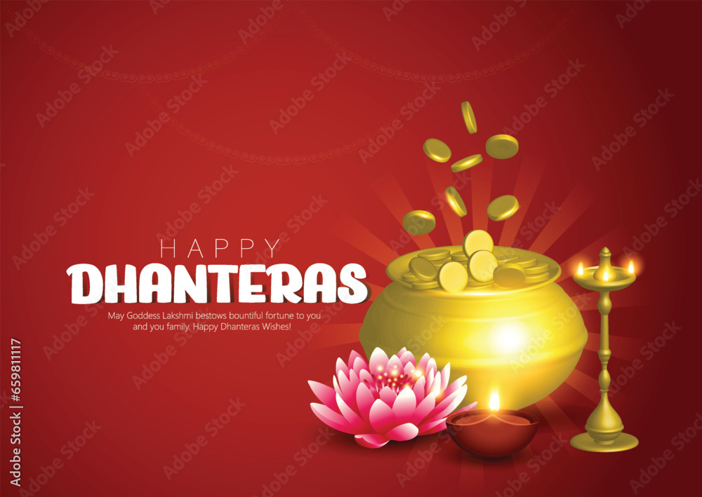 Dhanteras festival illustration of Gold coin in pot for Dhanteras, Goddess Laxmi blessing Happy Diwali light of festival 