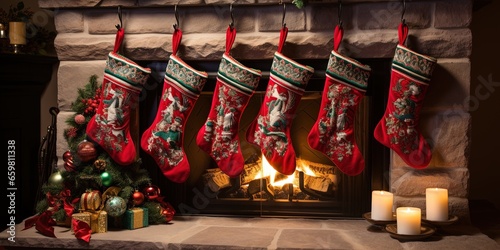 Christmas holiday winter time home greeting card - Feet in wool socks, fireplace in the background © Влада Яковенко