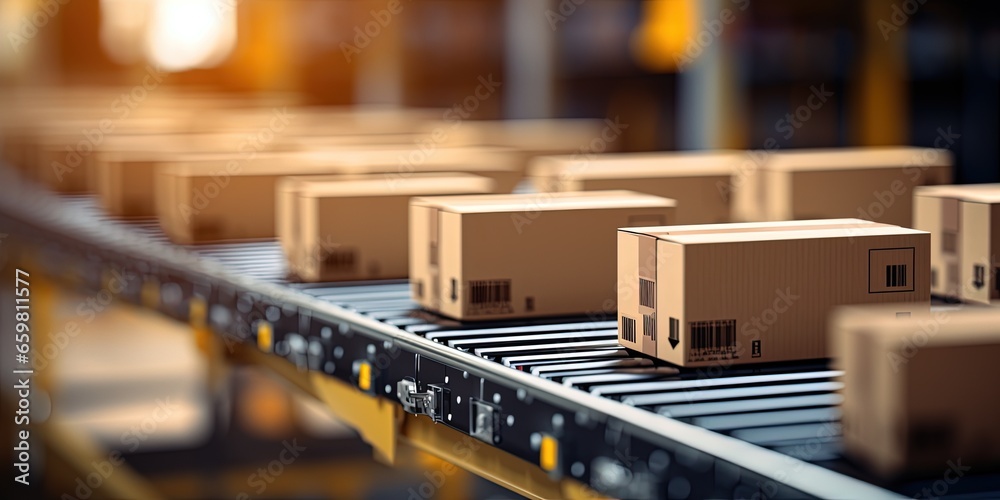 Closeup of multiple cardboard box packages seamlessly moving along a conveyor belt in a warehouse fulfillment center, a snapshot of e - commerce, delivery, automation, and products. - obrazy, fototapety, plakaty 