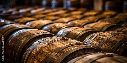 Closeup of old oak wooden barrels on cellar