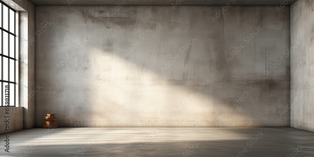 Empty room interior with concrete walls, grey floor with light and soft skylight from window. Background with copy - space Empty room interior with concrete walls, grey floor with light and soft skylight from window. Background with copy - space