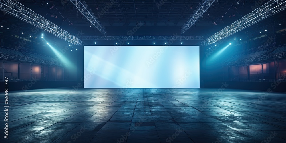 Empty stage for event or business conference with big blank screen mockup. Screen aspect ratio is 16: 9. Modern convention hall for presentation or concert template.