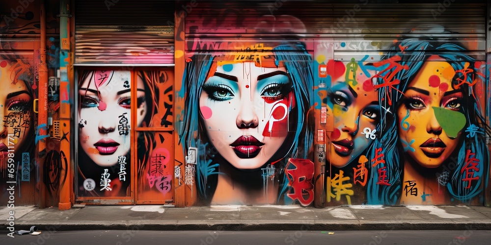 Naklejka premium Exploring the Secret Graffiti Art of Tokyo's Alleys, Japan Vibrant Street Art Culture