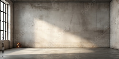 Empty room interior with concrete walls, grey floor with light and soft skylight from window. Background with copy - space photo