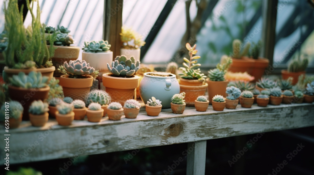 a wooden bench in a greenhouse has a small number of succulents on it