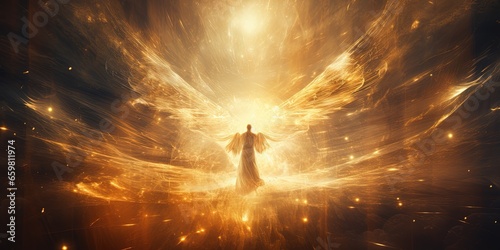 .Glowing light flying angel in heaven. Religion spiritual faith mythology vibe