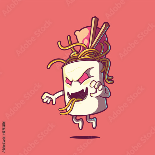 Ramen box take-away monster vector illustration. Food, delivery, funny design concept.