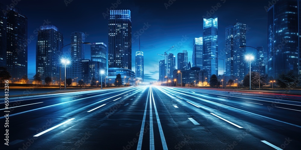 Road in city with skyscrapers and car traffic light trails. infrastructure and transportation background - obrazy, fototapety, plakaty 